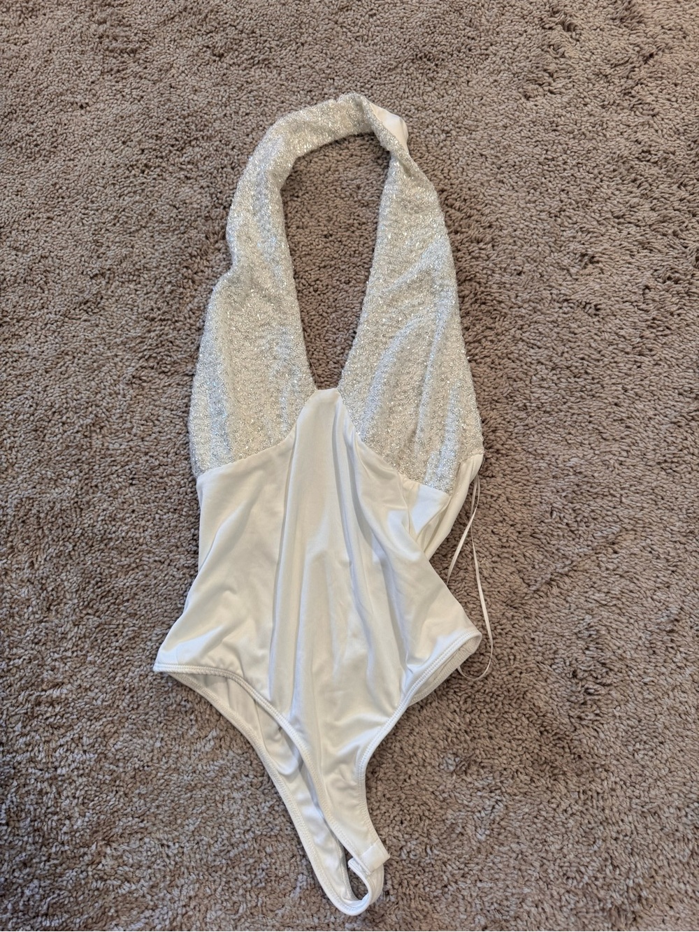 Sparkle Halter One-Piece BodySuit in Silver and White